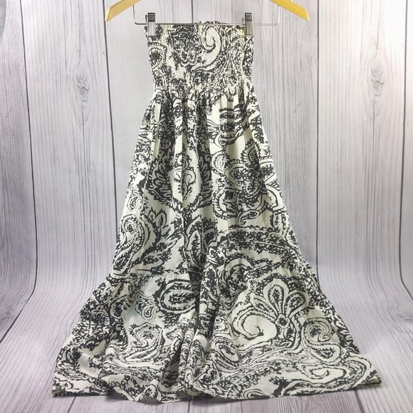 Strapless Summer Dress Ruffle Hem Shirred Detail Tube Dress Black/Beige Size S - Picture 2 of 11